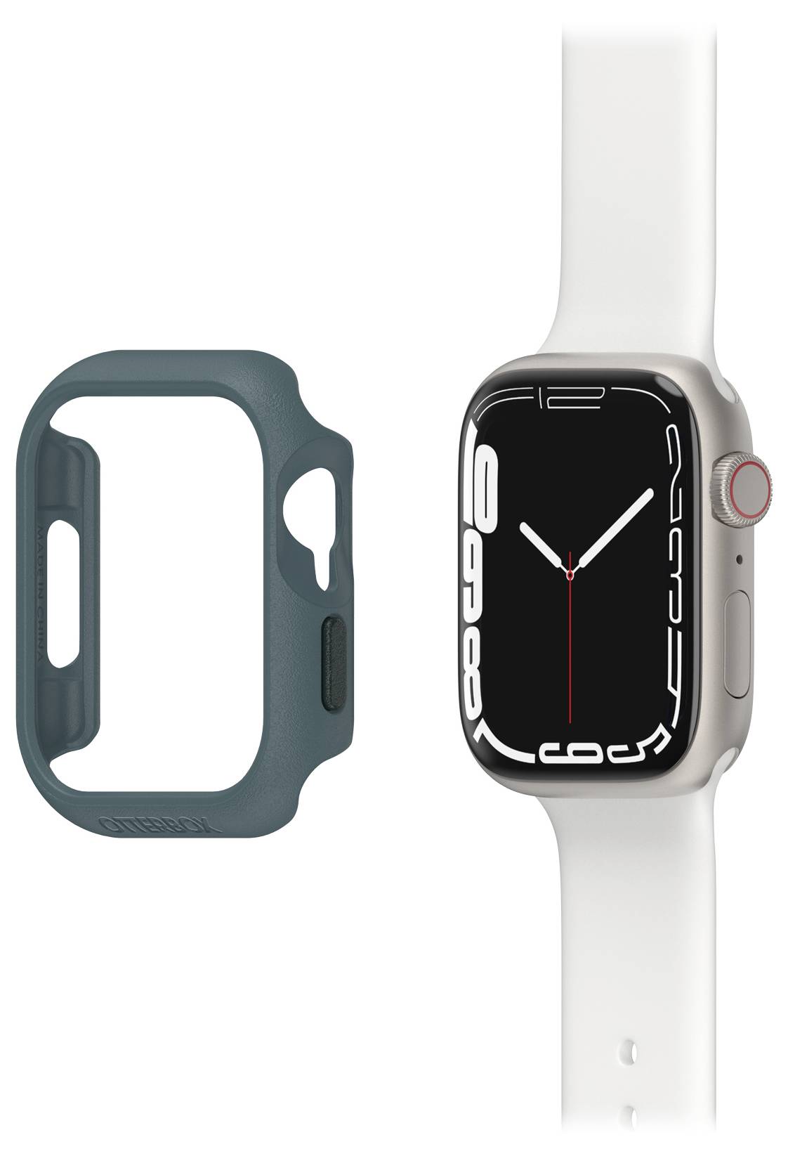 Smartwatch z białym paskiem i cyfrową tarczą jest prezentowana obok niebieskiego etui ochronnego.