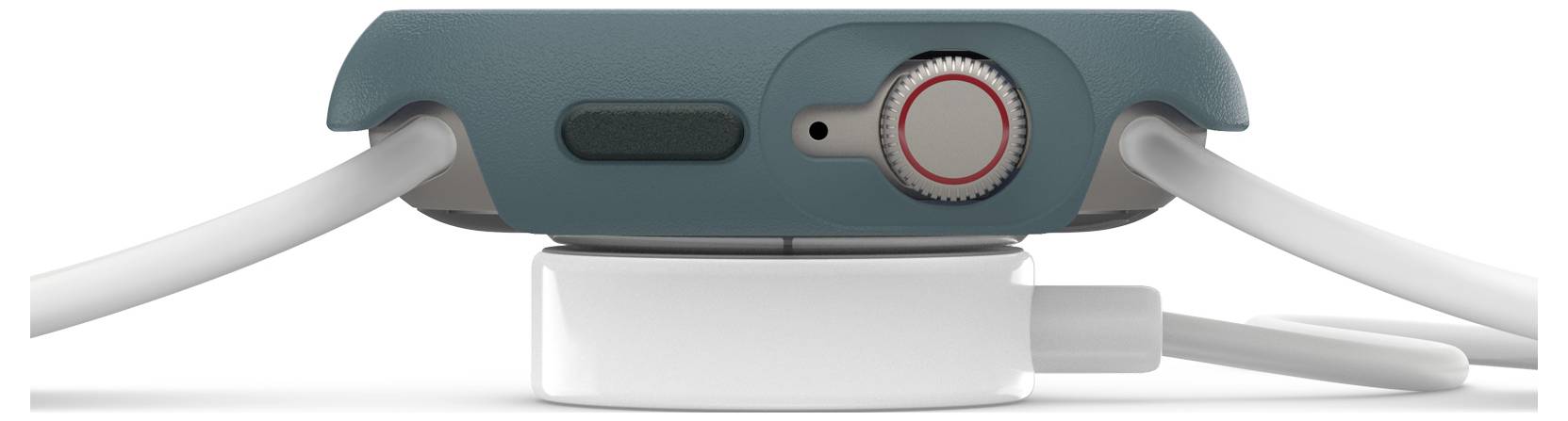 Widok z boku smartwatcha na białej stacji ładującej. Obudowa jest niebieska, widoczna jest korona oraz kabel ładujący.