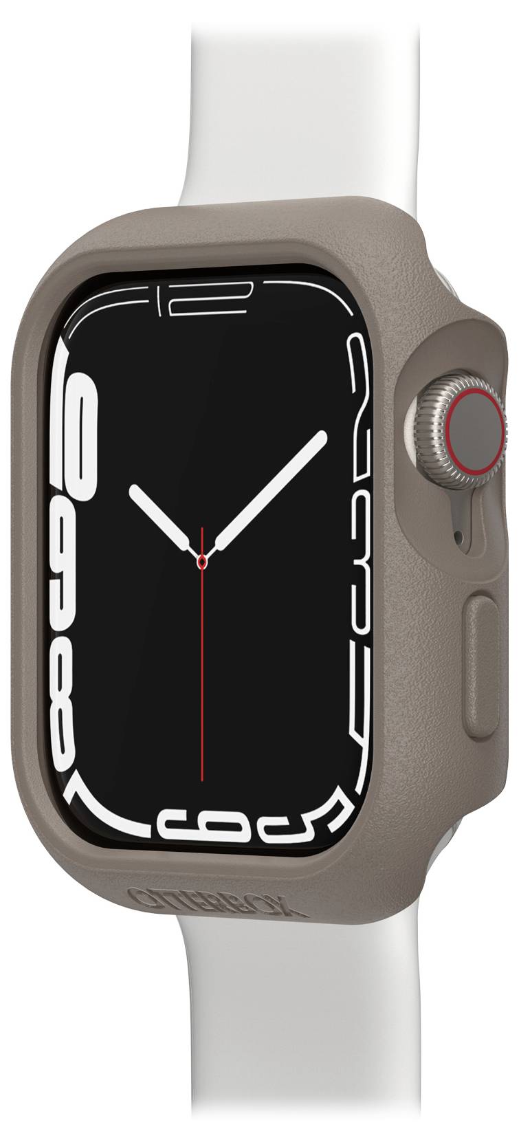 Smartwatch z prostokątnym wyświetlaczem i szarą obudową. Biała tarcza, czerwona wskazówka sekundnika. Przycisk z boku, białe paski.