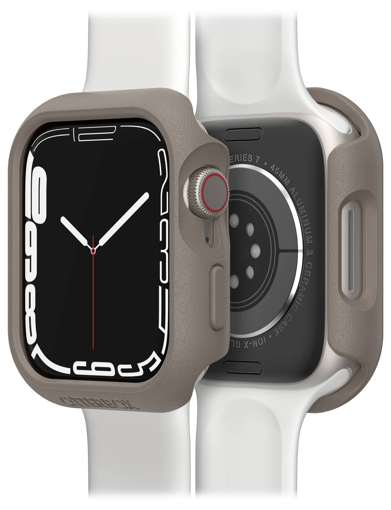 Dwie smartwatche z szarą obudową ochronną i białymi paskami; jedna pokazuje czas analogowy, druga prezentuje swój tył.