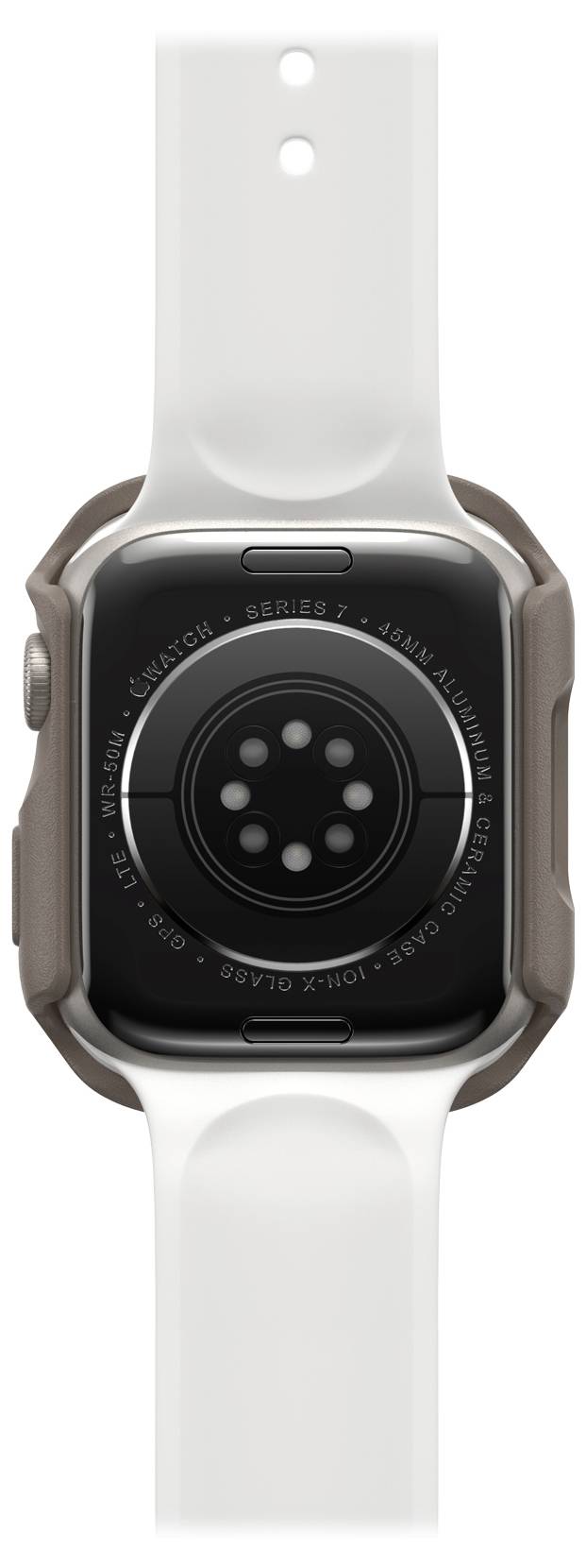 Smartwatch z białym paskiem i ciemną obudową, widoczna od strony tylnej. Wyposażona w czujniki monitorujące stan zdrowia.