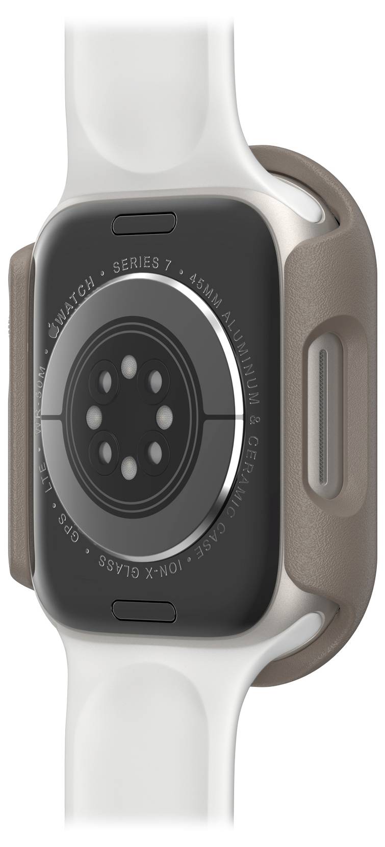 Smartwatch z białym paskiem i metalową obudową. Tylna strona przedstawia czujniki i informacje o modelu zegarka.