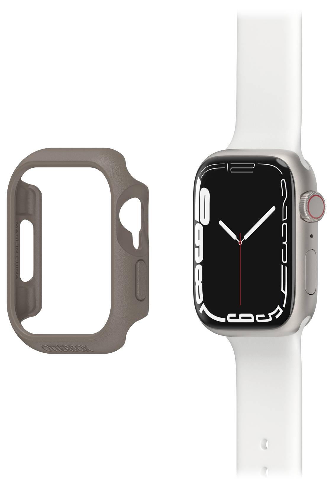 Dwa widoki nowoczesnego cyfrowego zegarka na rękę z prostokątnym wyświetlaczem i osobną ramką zegarka po lewej stronie.