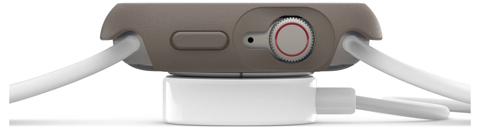 Smartwatch jest pokazana na boku ładowarki. Widać koronkę, przycisk oraz podłączony kabel ładujący.