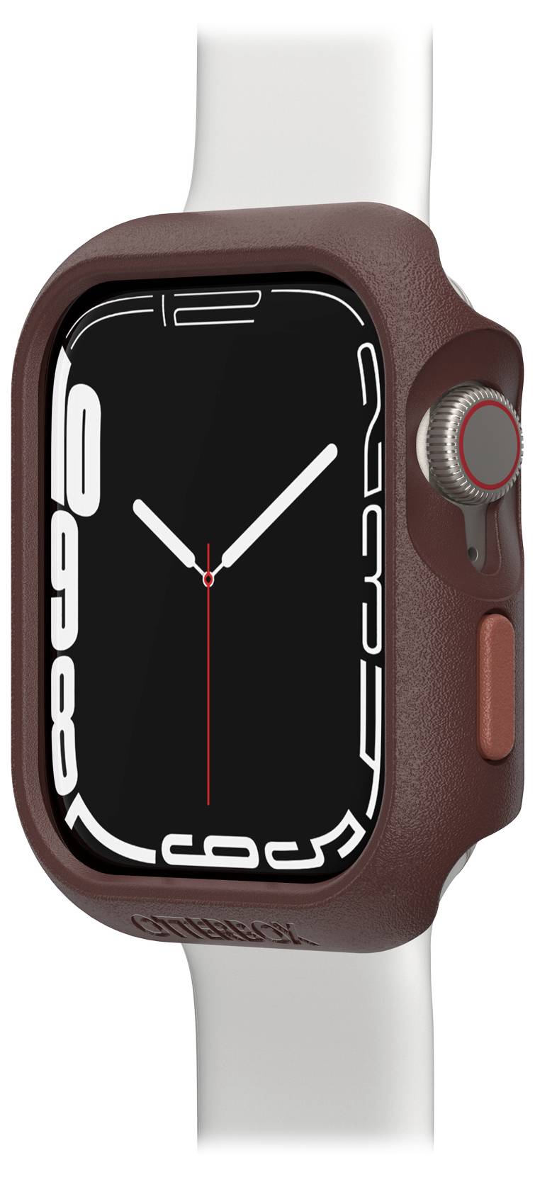 Brązowy smartwatch z czarną tarczą i białymi cyframi. Ma białą opaskę oraz obrotową koronkę z boku.