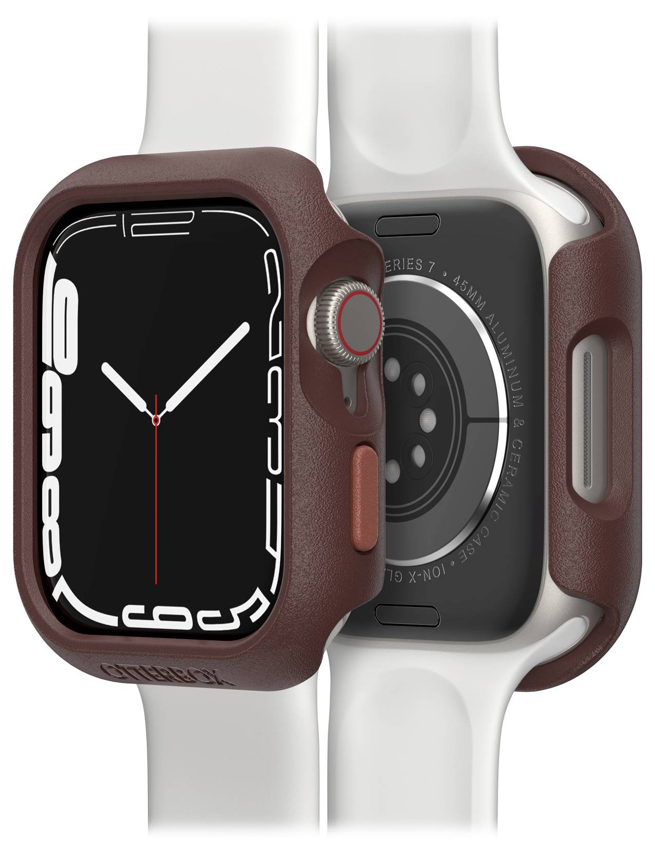 Smartwatch z białym paskiem i brązową kopertą. Tarcza wyświetla aktualny czas. Widok od tyłu.