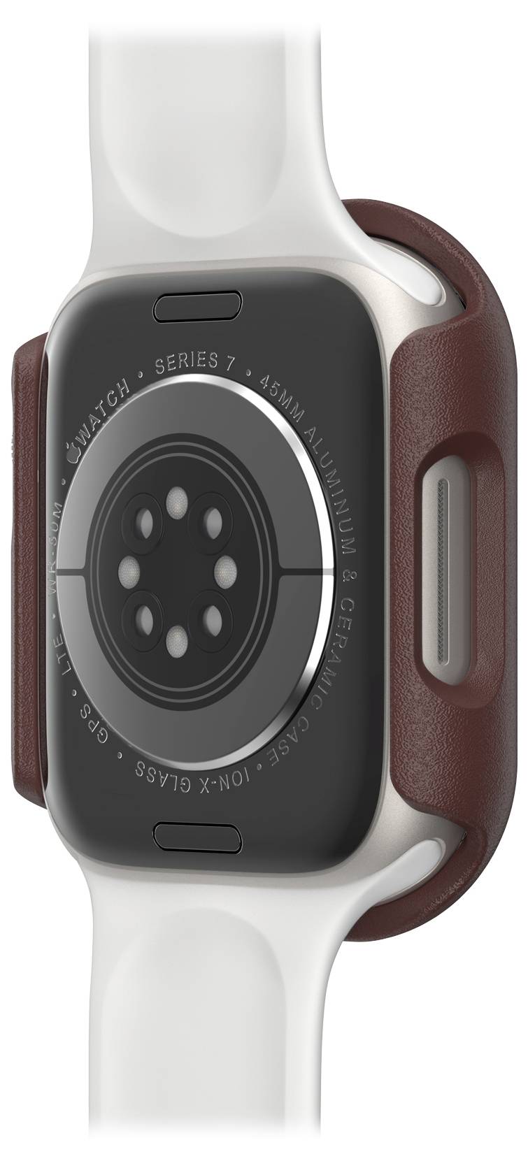 Smartwatch z aluminium w brązowej skórzanej obudowie, widok z tyłu ukazuje czujnik tętna. Przypięty biały pasek.