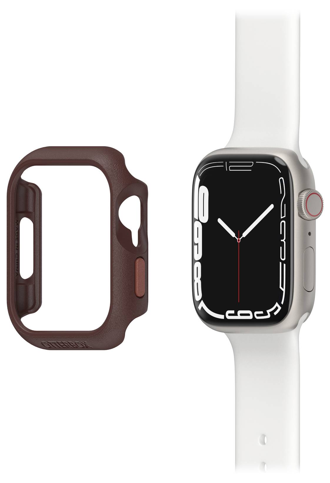 Smartwatch z białym paskiem, obok brązowego etui ochronnego. Godzina na wyświetlaczu: 10:09.