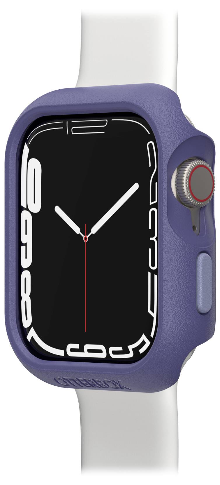 Smartwatch z czarną tarczą, białymi cyframi i czerwoną sekundówką. Otoczona niebieską obudową ochronną.