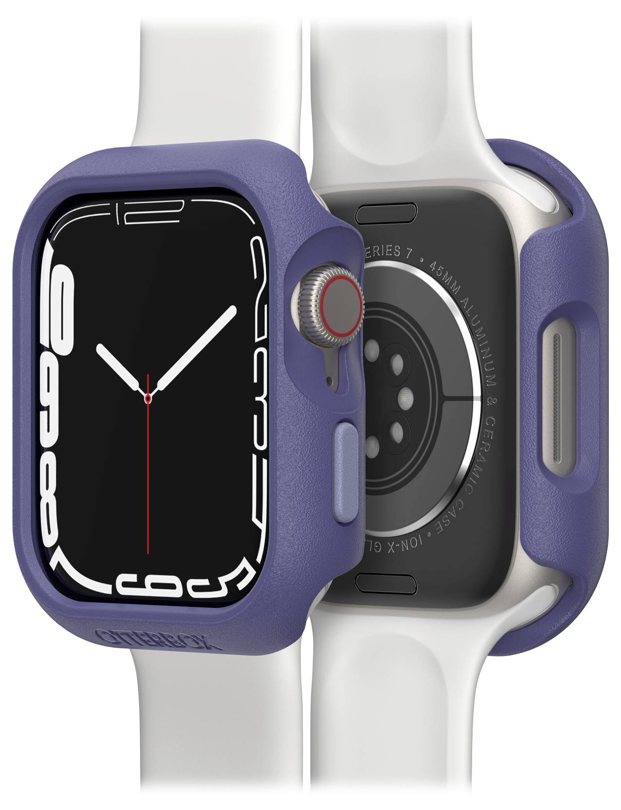 Cyfrowy zegarek na rękę z niebieską obudową i białym paskiem, widoczny z przodu i z tyłu. Wyświetlacz czasu na ekranie.