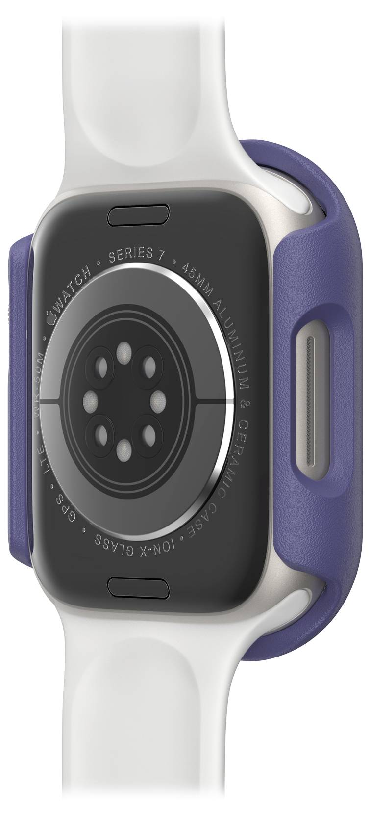 Inteligentny zegarek z białym paskiem i niebieskim etui ochronnym, z widocznymi czujnikami na tylnej stronie.