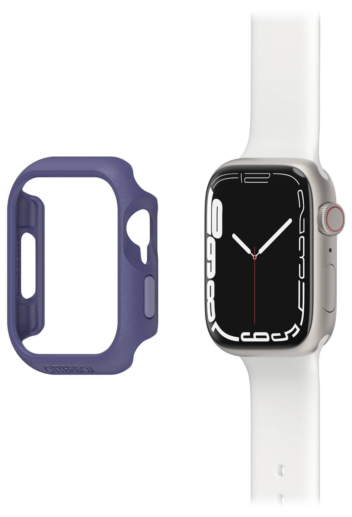 Smartwatch z białym paskiem i ciemnoniebieskim etui obok. Godzina wyświetlana na ekranie.