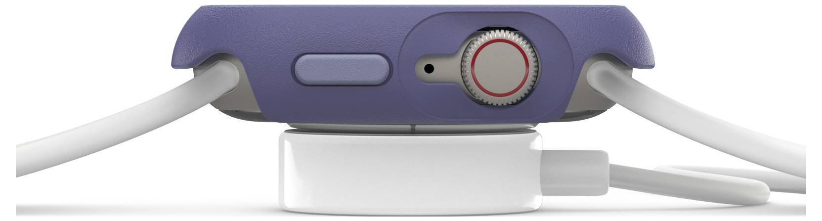 Smartwatch na stacji ładującej, widok z boku z niebieską obudową, czerwonym pokrętłem i dwoma przewodami podłączonymi do zegarka.