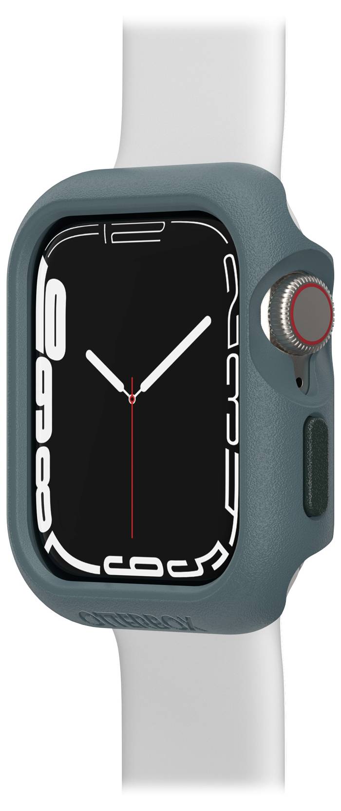 Smartwatch z szarą obudową i ciemnoszarą tarczą. Na koronie widoczna jest czerwona tarcza.