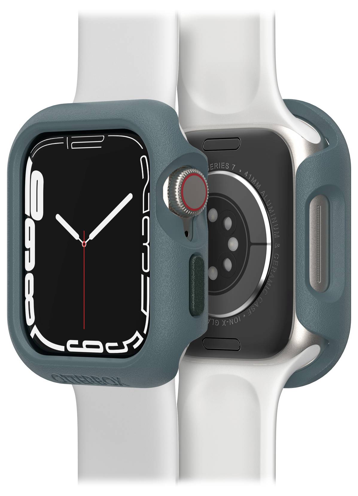 Smartwatch z białym paskiem i ciemną obudową, prezentująca widok z przodu i z tyłu.