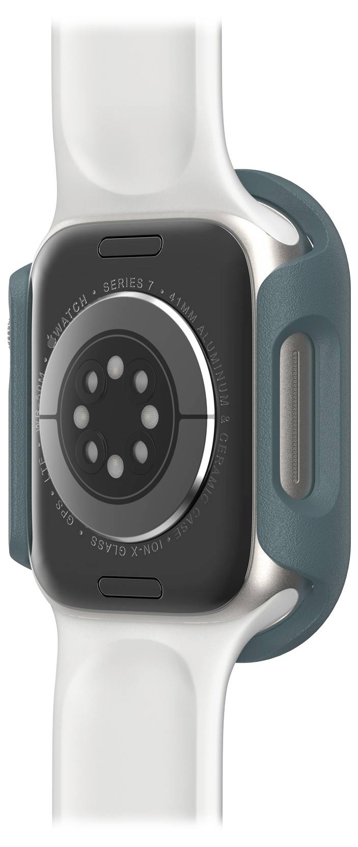 Smartwatch z białym paskiem i czarną obudową, widok z boku. Widoczny jest czujnik na tylnej stronie zegarka.