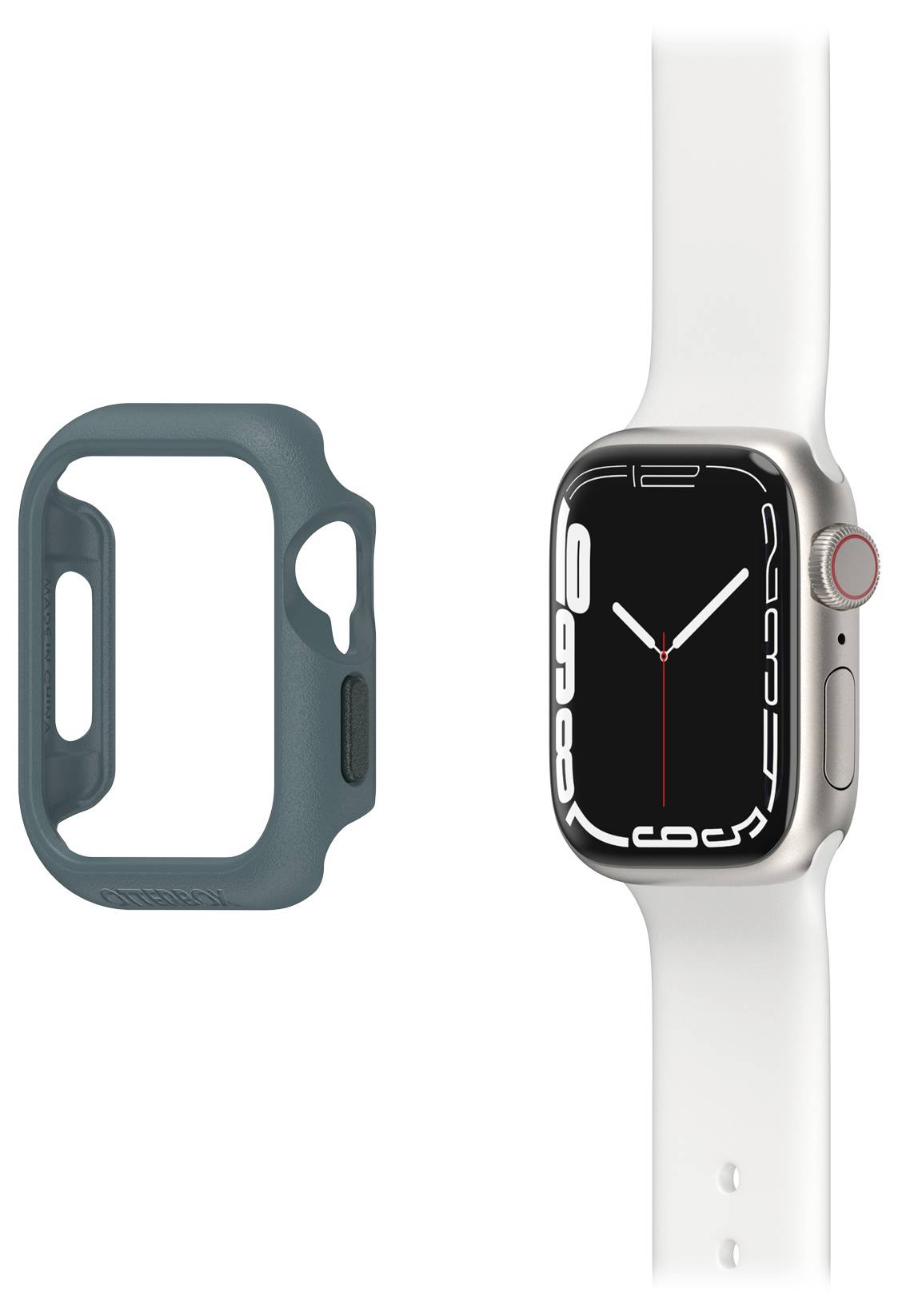 Smartwatch z białym paskiem i czarnym wyświetlaczem pokazuje godzinę. Obok znajduje się zielone etui ochronne.