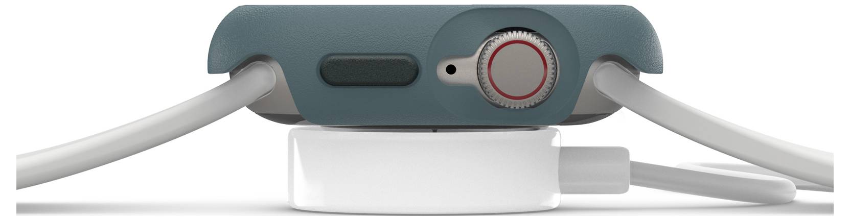 Smartwatch w widoku bocznym na ładowarce. Widoczny jest zielony pasek, obok niego cyfrowa korona i przycisk.