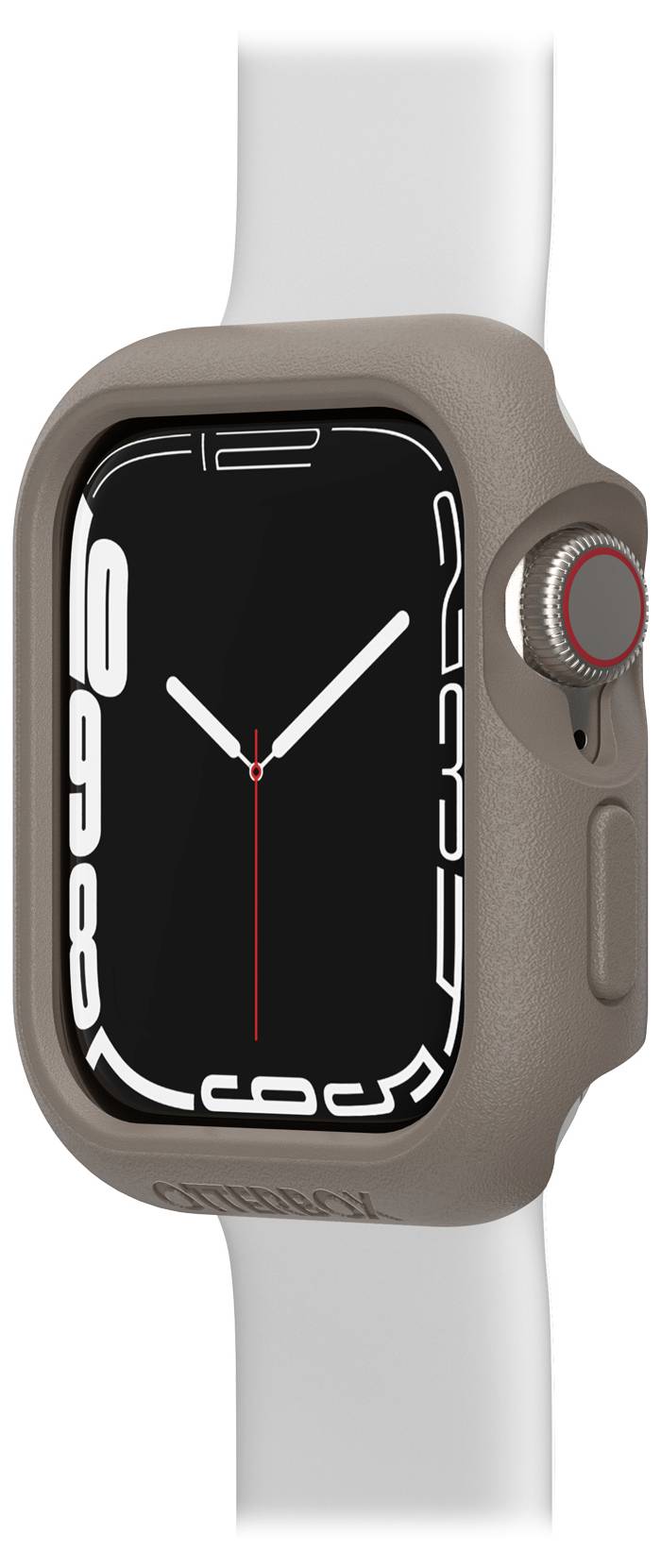 Smartwatch z prostokątnym wyświetlaczem, jasną obudową i białym paskiem. Na wyświetlaczu widoczny czarny czas i białe cyfry.