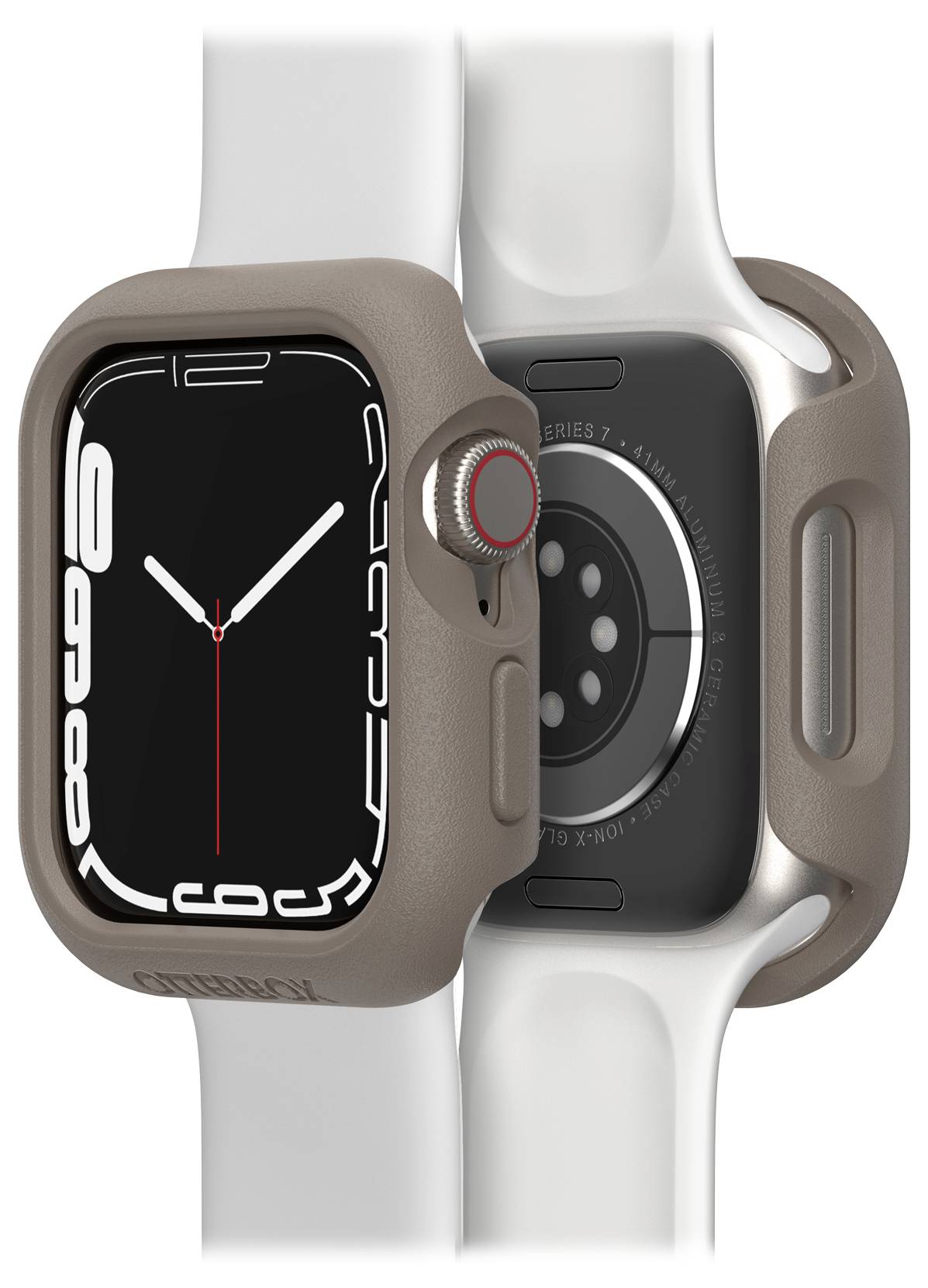 Zegarek Apple Watch z brązową kopertą i białym paskiem, widok z przodu i tyłu. Prezentuje minimalistyczną tarczę z czerwonymi wskazówkami.