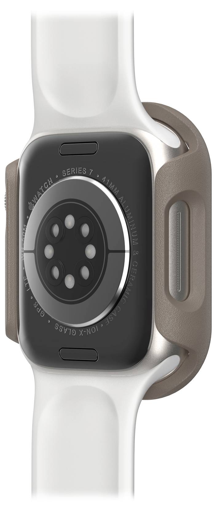 Tylna strona smartwatcha z czarnym sensorem i brązową ramką obudowy, przymocowana do białego paska.