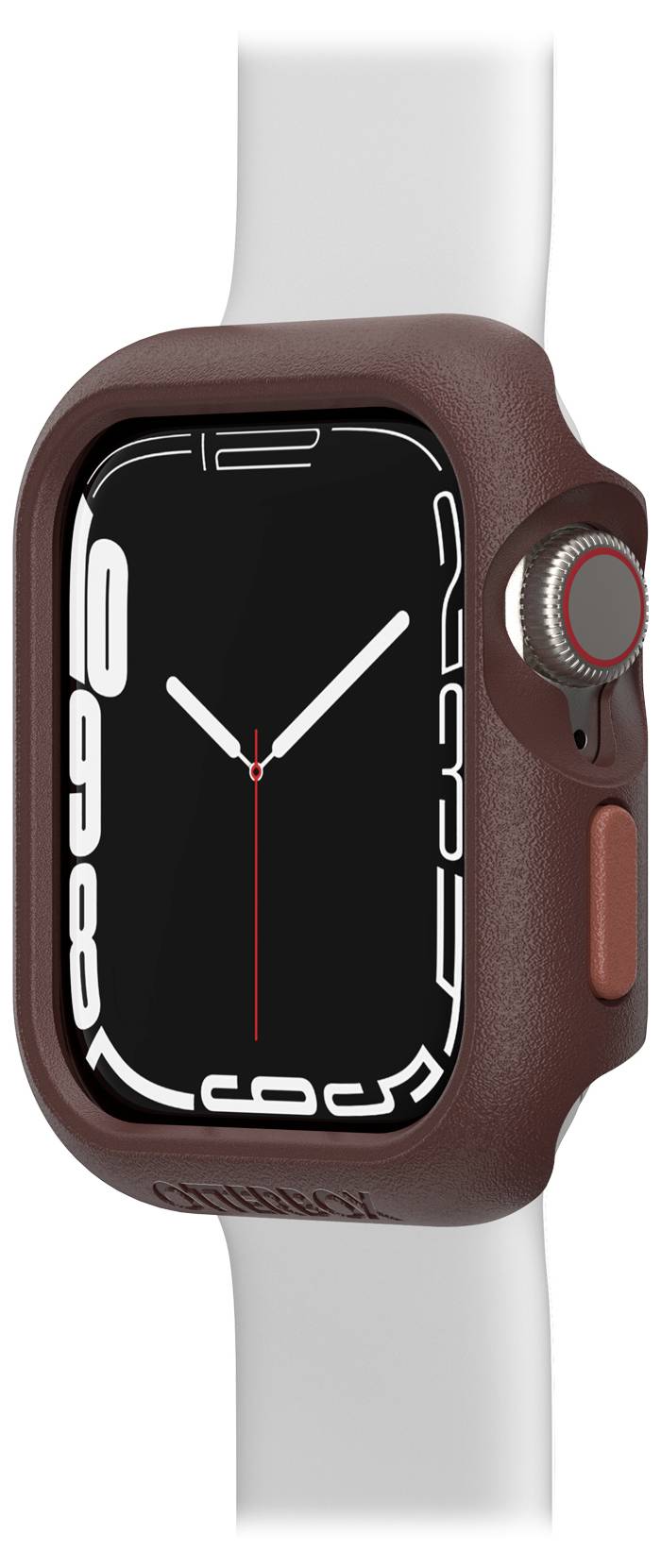 Smartwatch z brązową ramką i białym paskiem. Na czarnym wyświetlaczu widoczne są białe wskazówki i minimalistyczne cyfry.