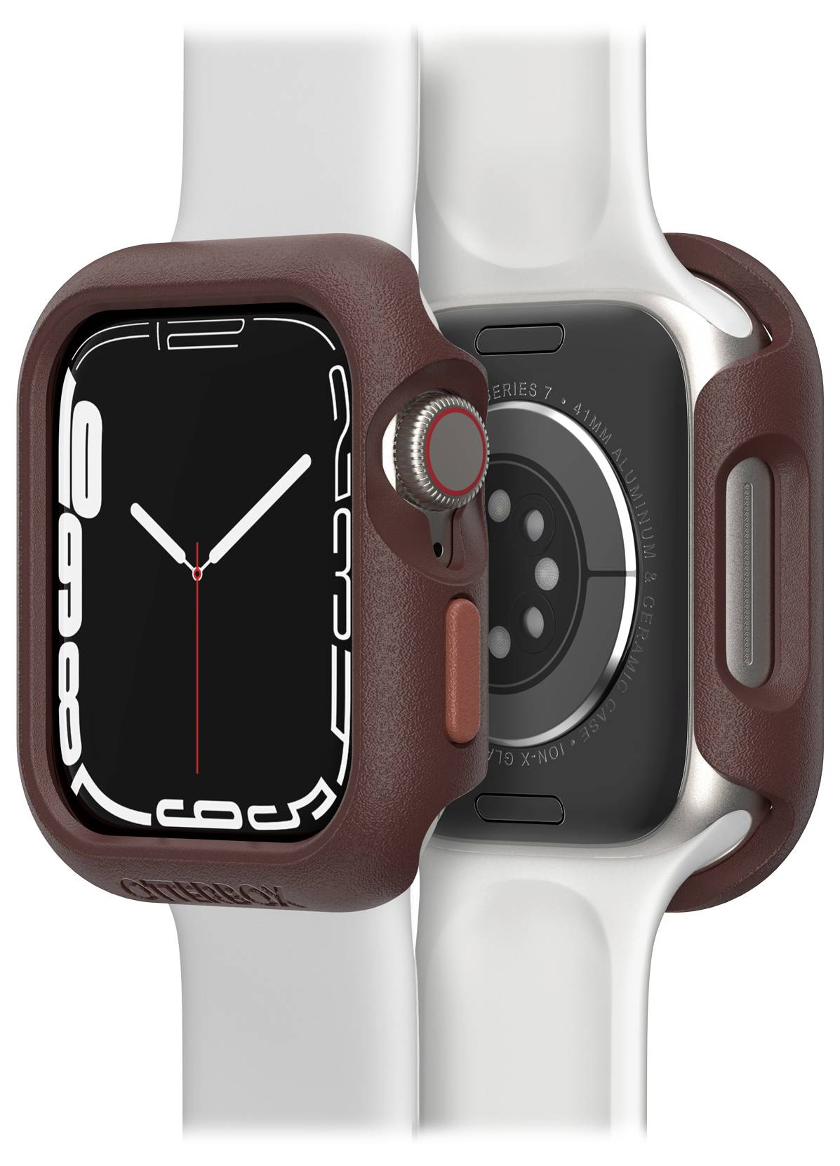 Dwie smartwatche z białymi paskami i ciemnoczerwonymi obudowami; widok z przodu przedstawia wyświetlacz czasu z wystyalizowanymi cyframi.