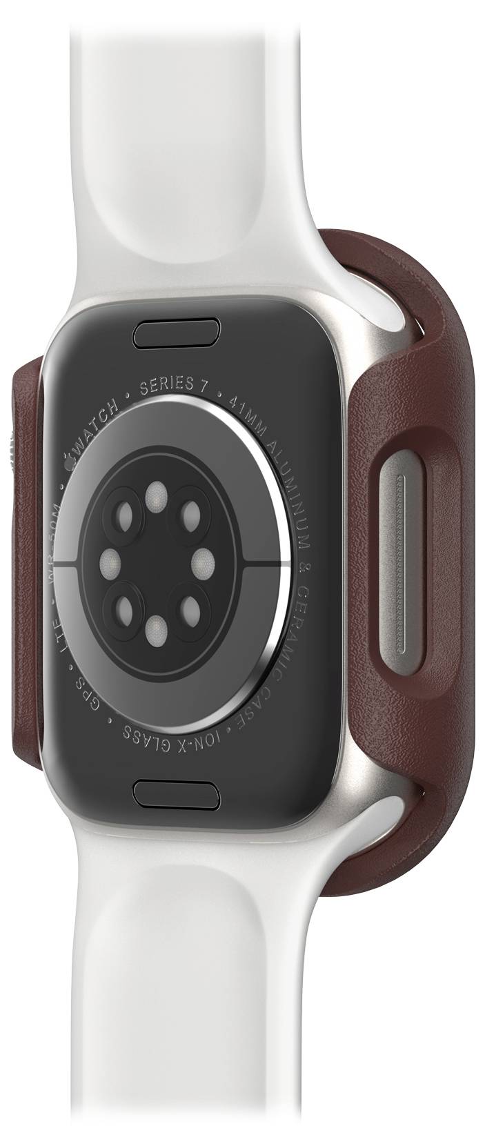 Smartwatch z białym paskiem i brązową obudową ochronną, widok z tyłu przedstawiający czujniki i napisy.