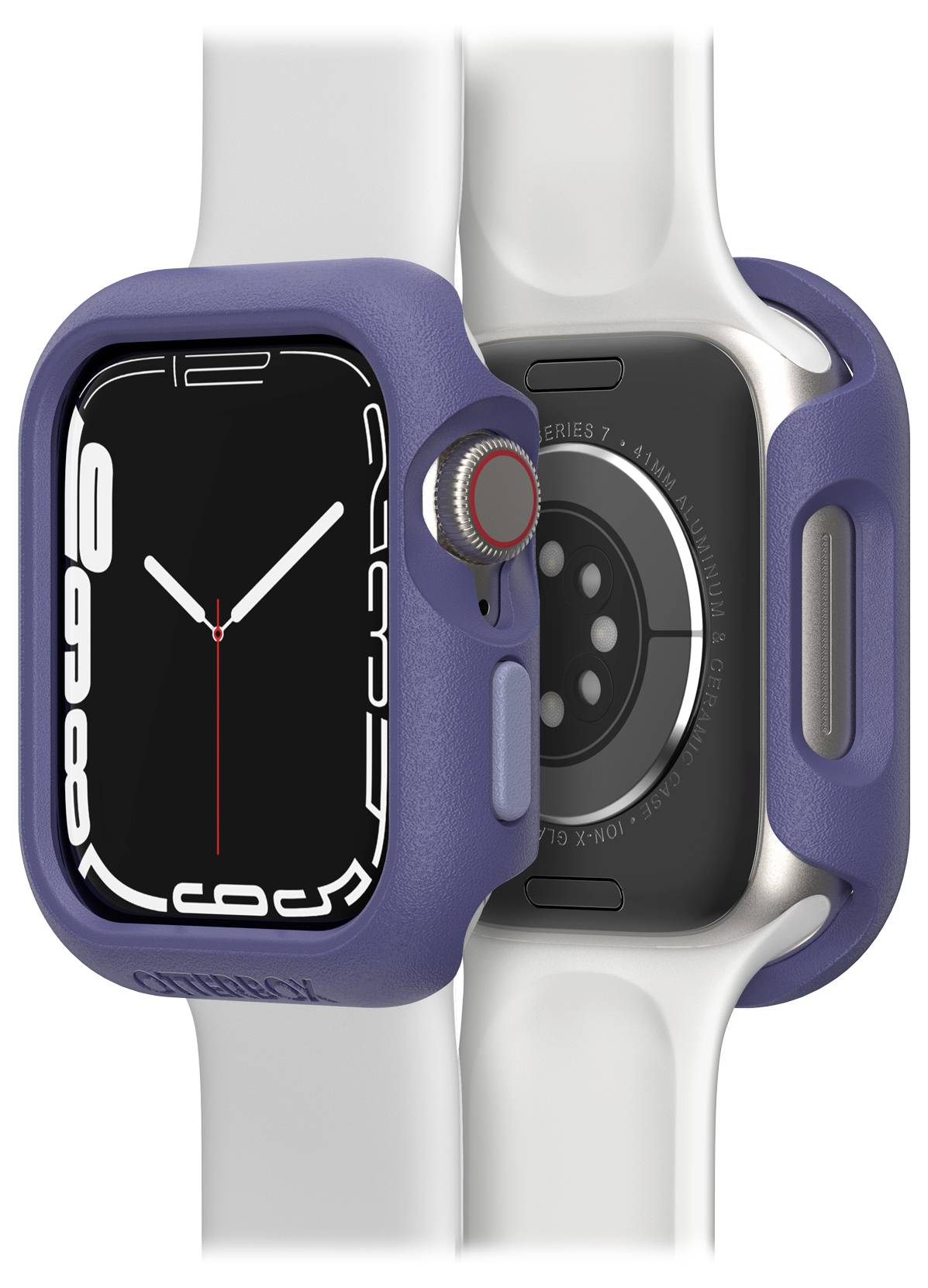 Dwie smartwatche z białymi paskami, jeden pokazuje godzinę na czarnej tarczy z białymi cyframi, drugi widoczny jest od tyłu.