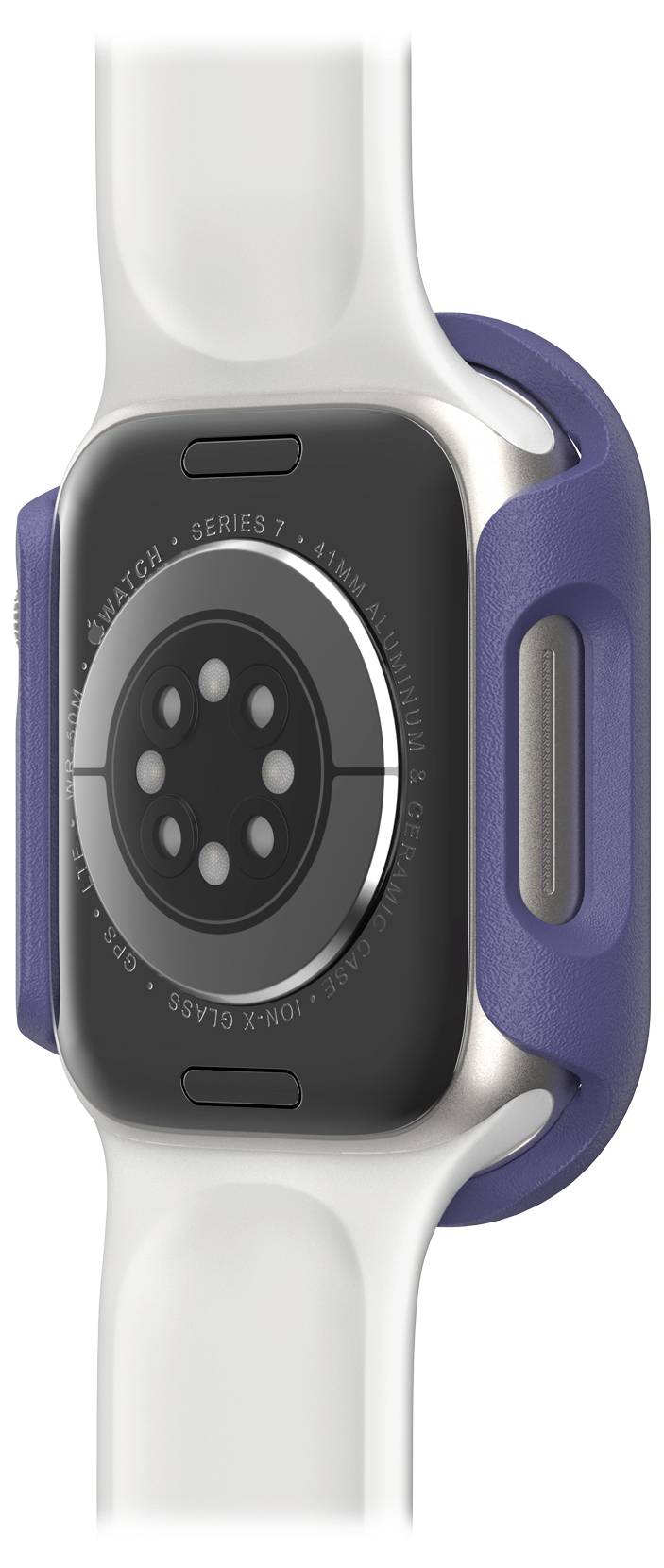 Smartwatch z niebieską obudową ochronną pokazuje tylną stronę z czujnikami i białymi paskami.