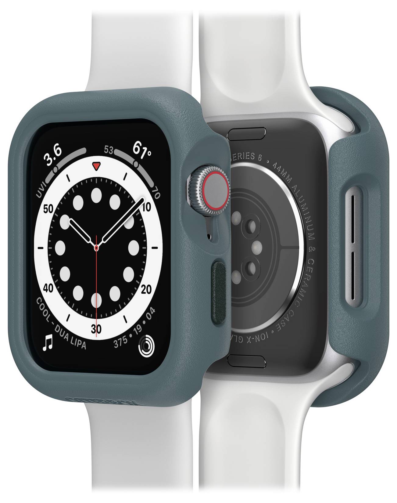 Dwie smartwatche z białymi paskami, przedstawione z przodu i z tyłu. Przednia strona wyświetla analogowy zegar.
