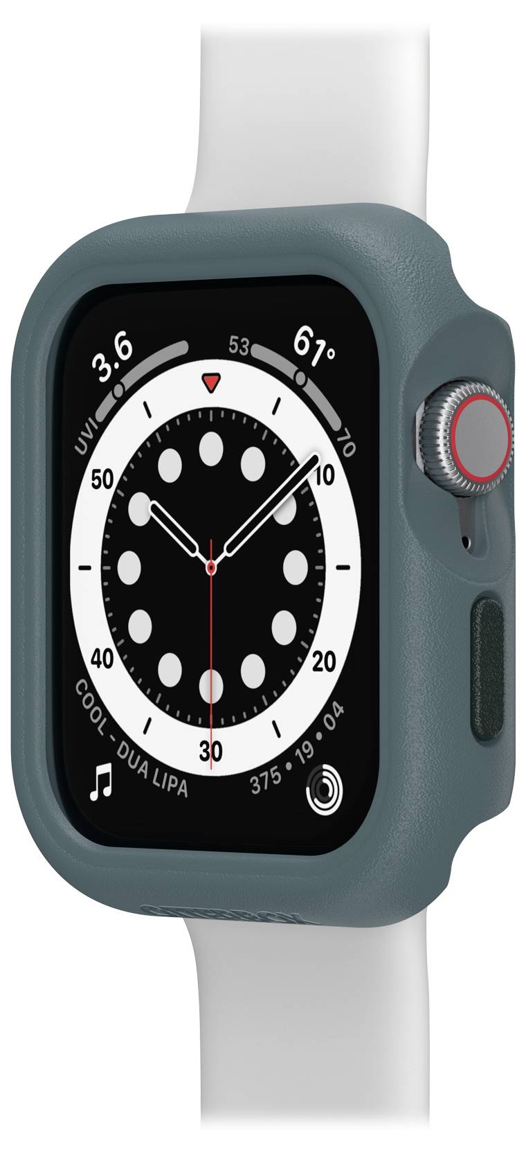 Smartwatch z czarną tarczą i białymi znacznikami. Godzina: 10:09. Temperatura: 61°F. Utwór: 'Cool - Dua Lipa'.