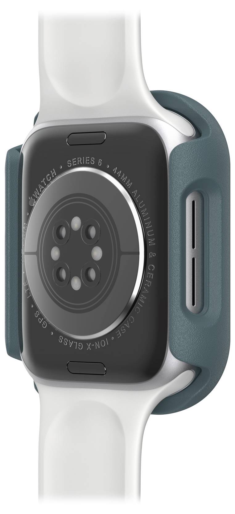 Smartwatch z okrągłym czujnikiem na tylnej stronie, przymocowana do białego paska. Widok z boku ujawnia zielony korpus.