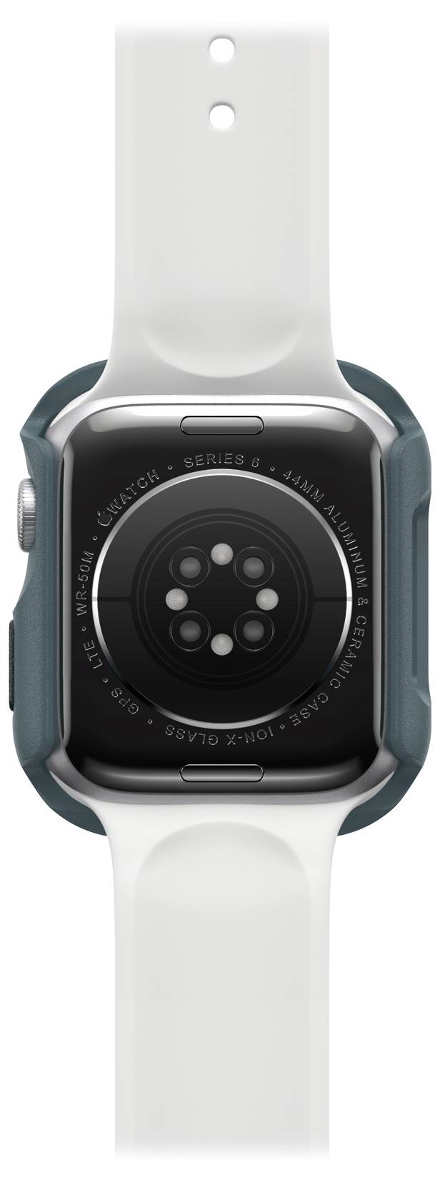 Tylna strona smartwatcha z białym paskiem. Widoczne są czujniki oraz napis 'Series 8, 45mm Aluminium'.