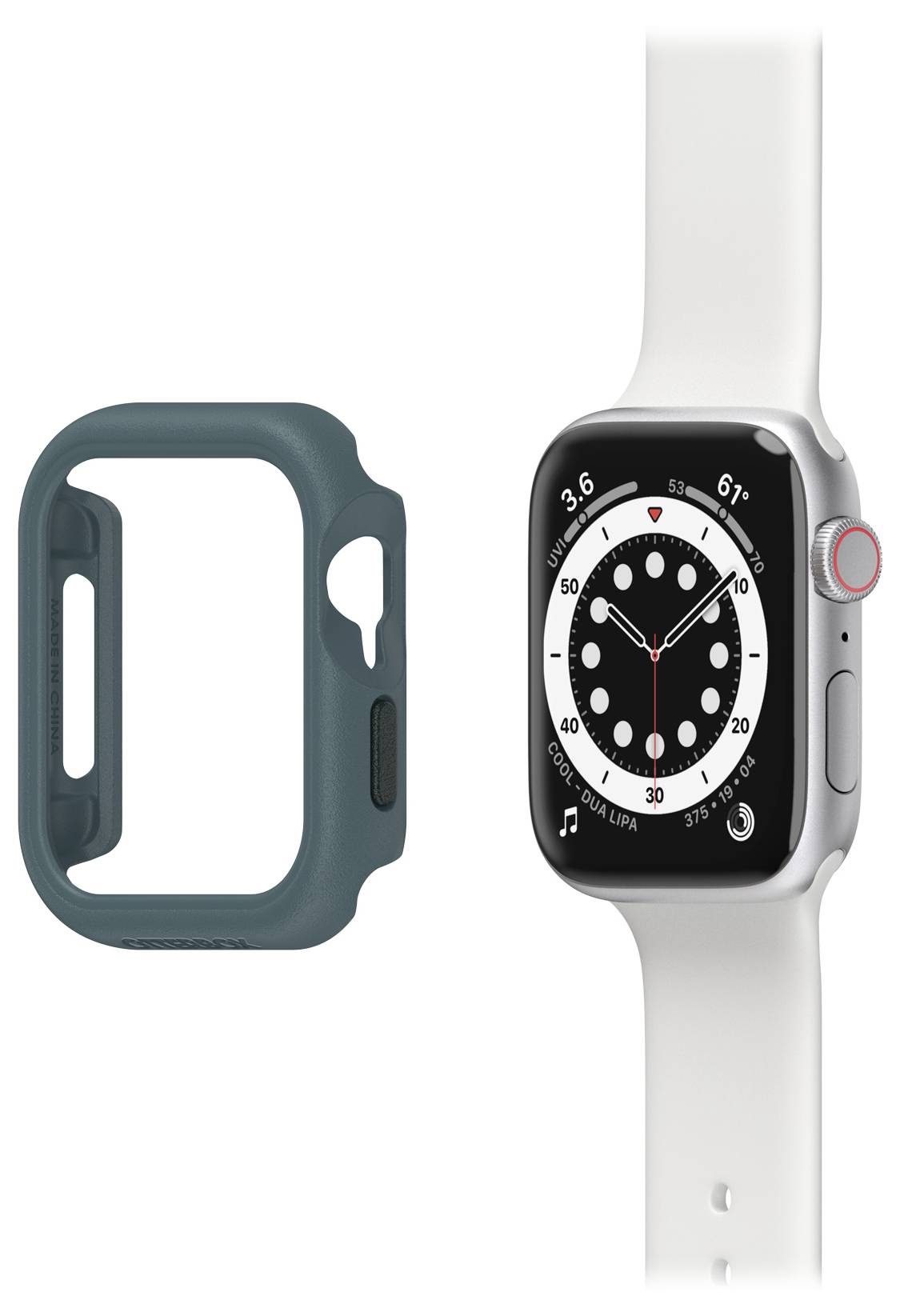 Smartwatch z białym paskiem i okrągłą tarczą na czarnym ekranie. Obok zielone etui ochronne.