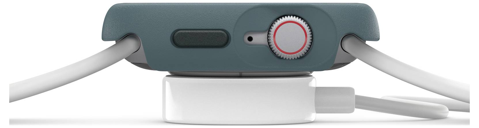 Smartwatch jest pokazywany z boku, leżąc na ładowarce. Widoczne jest okrągłe pokrętło i przycisk, podłączone przewodami.