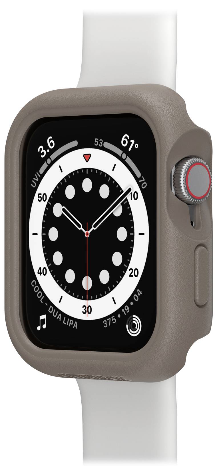 Smartwatch z okrągłą tarczą wyświetla godzinę. W prawym górnym rogu '61°', a w lewym dolnym rogu ikona muzyki z napisem 'COOL - DUA LIPA'.