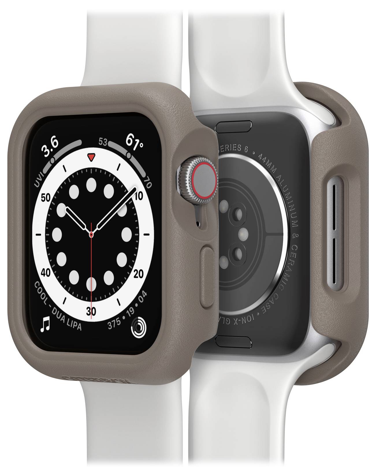 Smartwatch z brązową obudową i białym paskiem wyświetla analogowy zegarek z czarnymi i białymi detalami na ekranie.