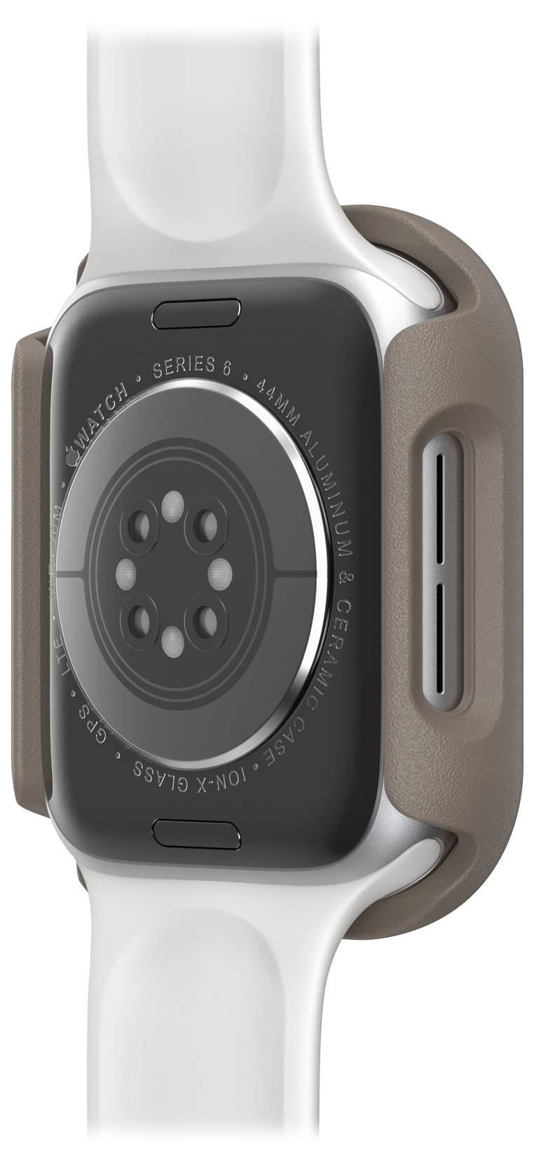 Tylna strona smartwatcha z czujnikami i brązową obudową, widok z boku z białym paskiem.