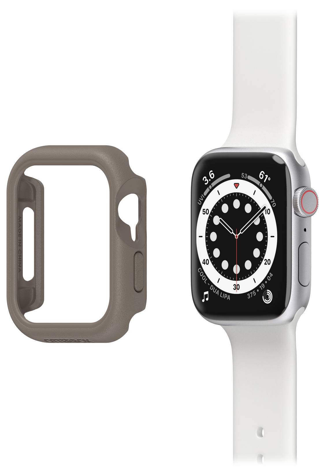 Srebrny smartwatch z białym paskiem wyświetla tarczę z kołami. Obok leży brązowe etui ochronne.