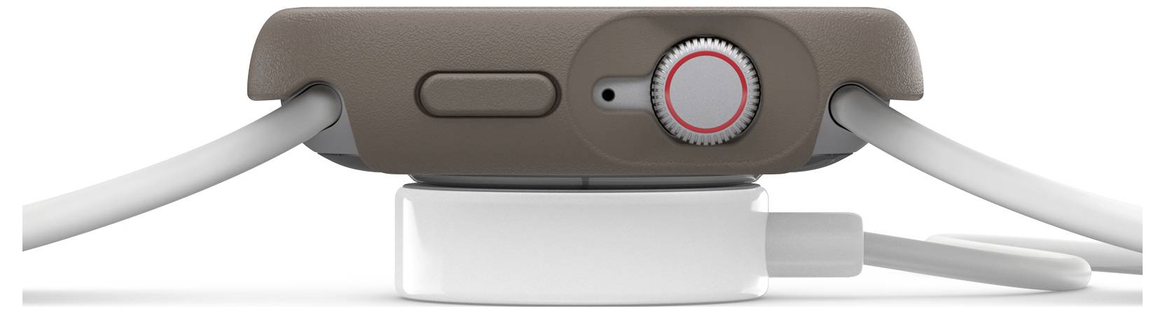 Smartwatch widziana z boku podczas ładowania na okrągłej stacji ładującej, z widocznym przyciskiem i cyfrową koronką.