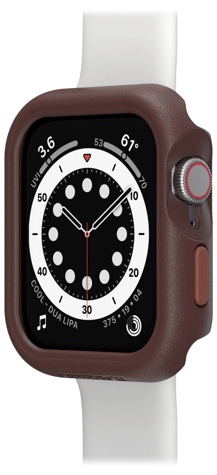 Smartwatch z okrągłą tarczą i cyfrowymi wyświetlaczami, pokazująca czas, datę, pogodę i muzykę. Posiada brązową obudowę.