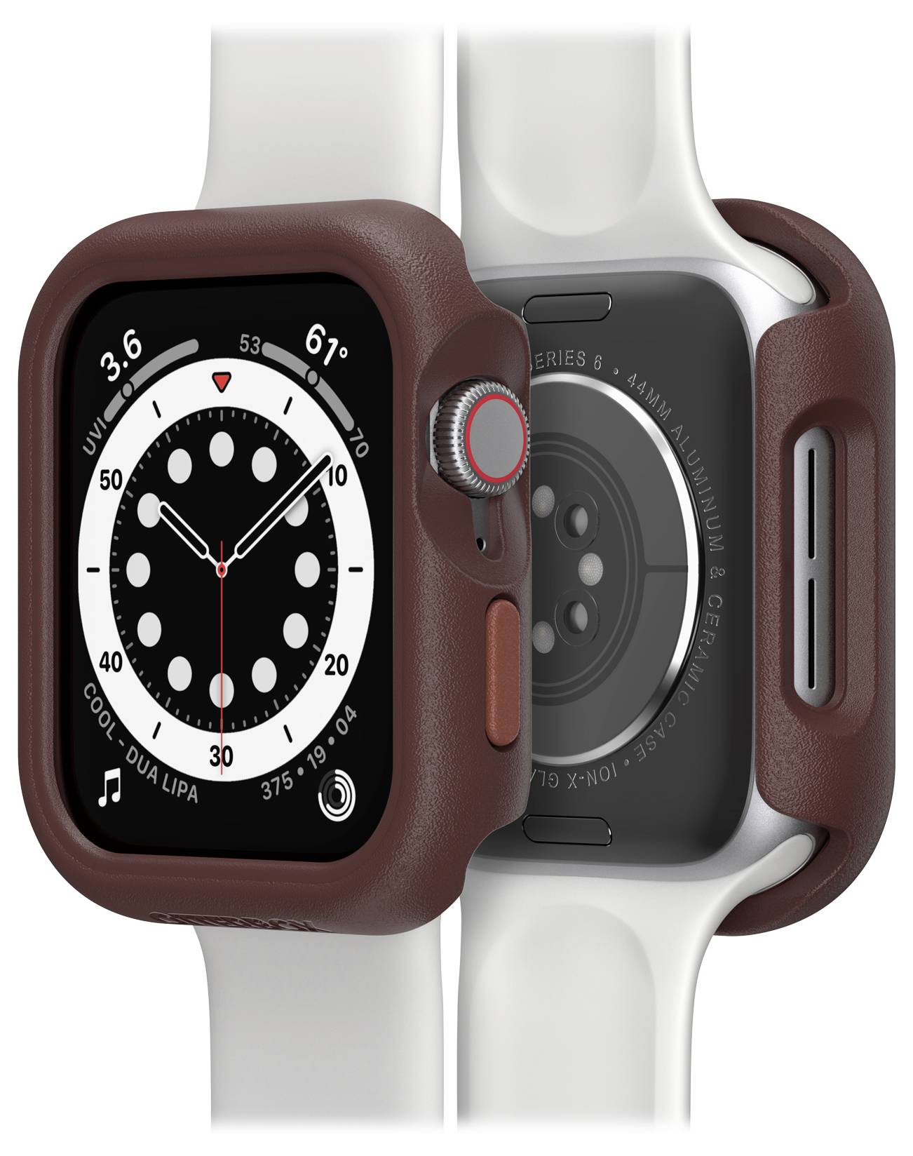 Dwie smartwatche z białymi paskami, w brązowych etui. Jeden zegarek wyświetla analogową tarczę z temperaturą.