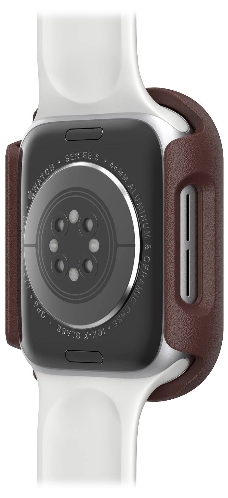 Tylna strona smartwatcha z białym paskiem i brązową obudową. Sensory i złącze ładowania wyraźnie widoczne.