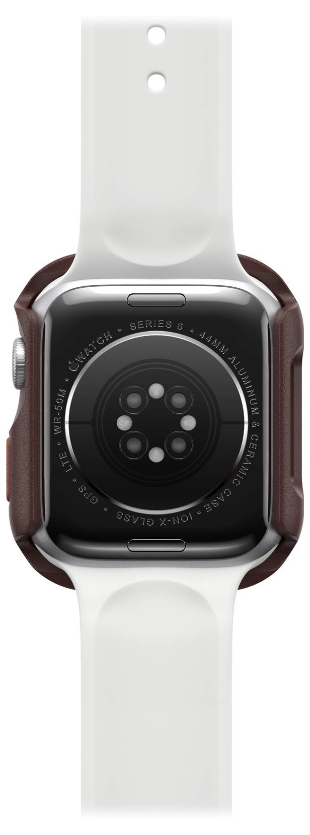 Widok z tyłu cyfrowego zegarka na rękę z białym paskiem i ciemną obudową. Na tylnej stronie widoczne są czujniki.