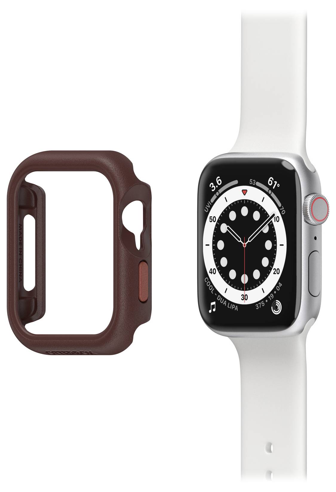 Smartwatch z białym paskiem i okrągłym wyświetlaczem pokazuje godzinę i inne symbole. Obok znajduje się brązowe etui ochronne.