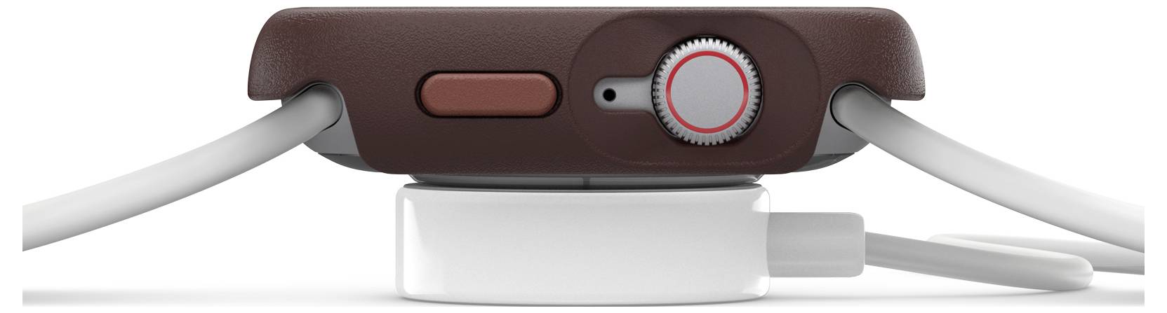 Inteligentny zegarek jest bezprzewodowo ładowany na białej stacji ładującej. Urządzenie jest przedstawione z boku, widoczny jest przycisk i korona.