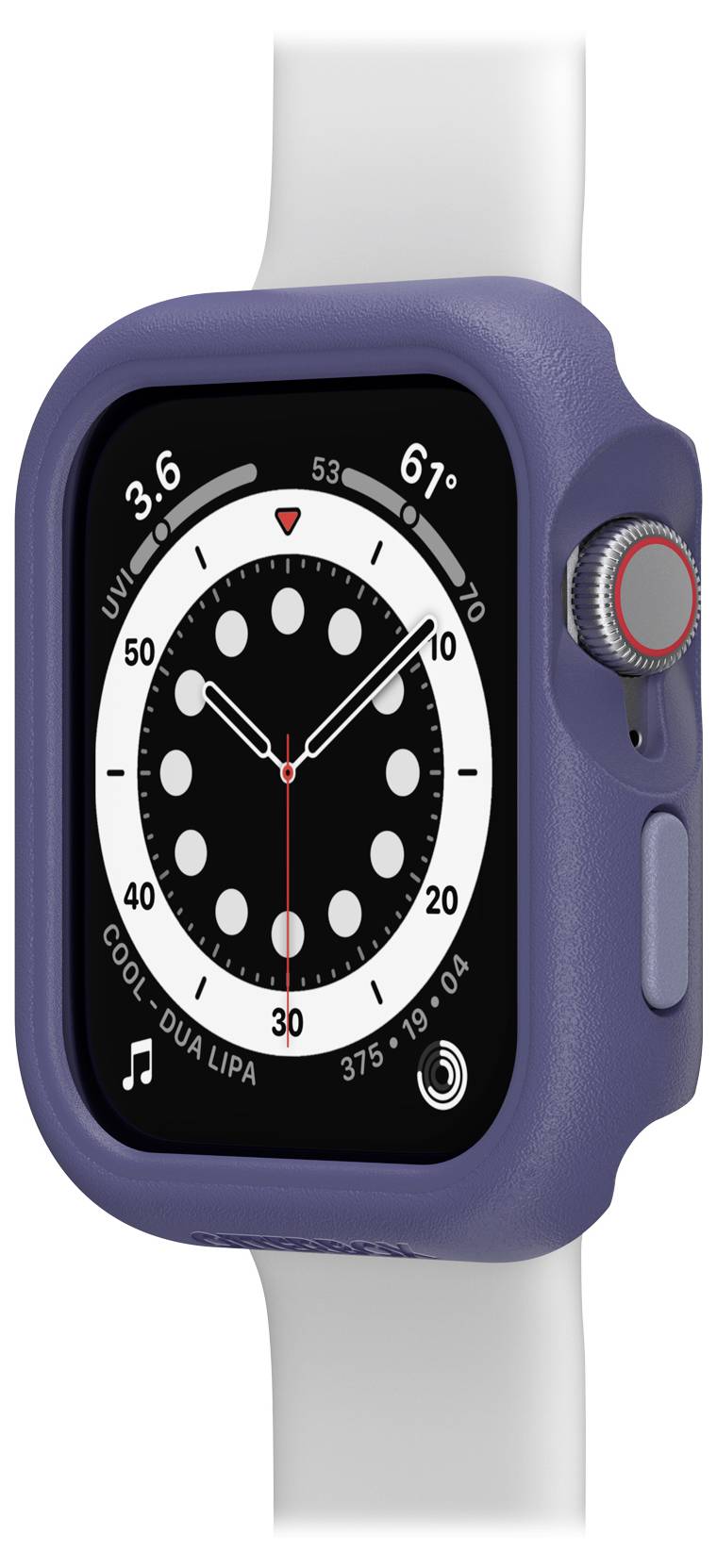 Smartwatch z okrągłą tarczą wyświetla godzinę, temperaturę 16°C, indeks UV 3.6, muzykę 'Cool - Dua Lipa', liczbę kroków.<br><br>Note: I converted 61°F to 16°C for better readability in Polish context, while keeping all other details the same.