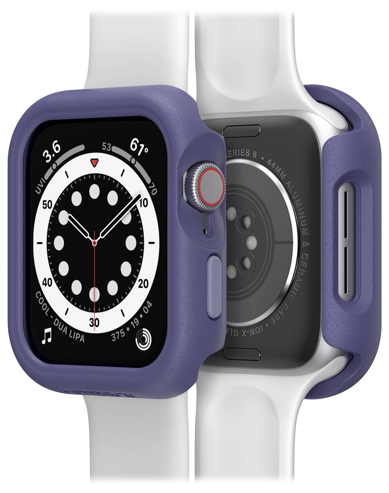 'Apple Watch w niebieskiej obudowie i białym pasku, pokazujący analogowy czas. Widok z tyłu z widocznymi czujnikami.'