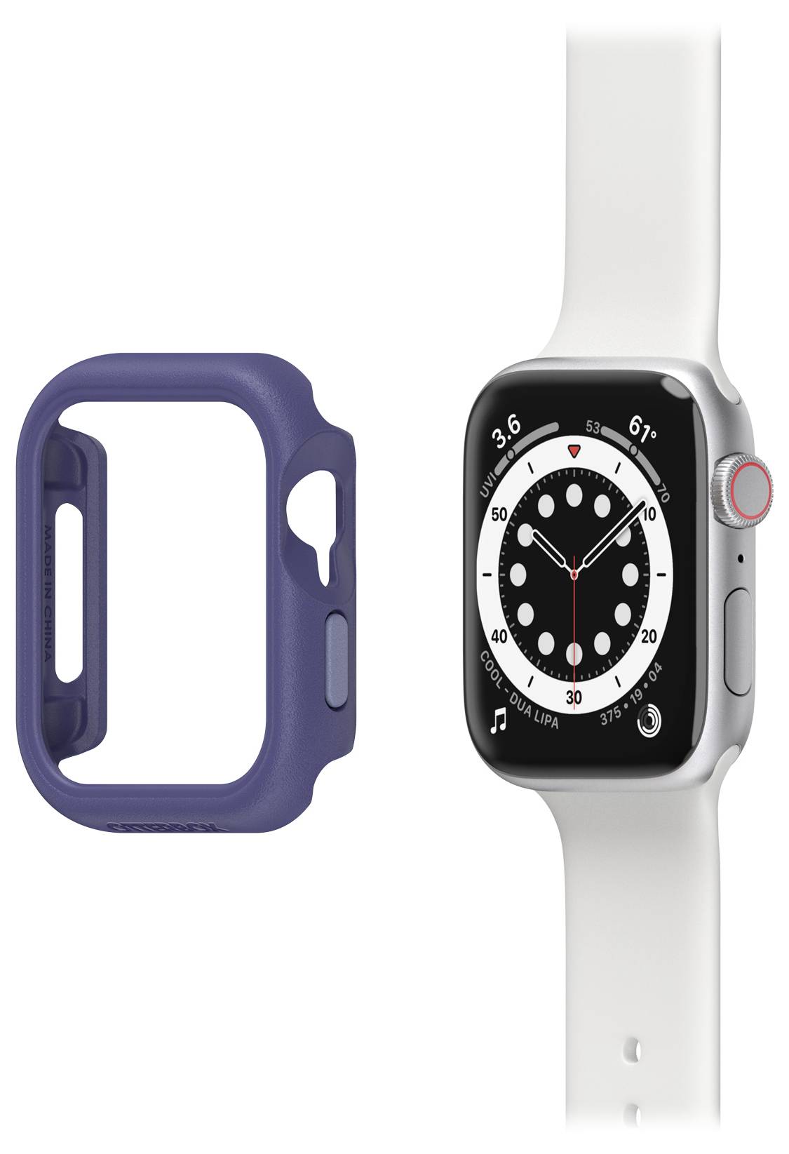 Inteligentny zegarek z białym paskiem i czarną tarczą jest pokazany obok niebieskiej obudowy.